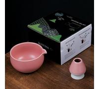 YlobdolY Ceramic Matcha Whisk Holder and Bowl Set with Black Gift Box, Traditional Handmade Solid Color Glazed Porcelain Japanese Tea Mixing Round Bowl Set for Whisking Matcha Pink