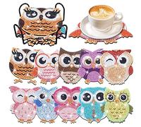 YLOLUL 10 Pcs Owl Shaped Diamond Painting Coasters Kits DIY Owl Diamond Painting Coasters with Holder Owl Diamond Painting Coasters for Beginners Adults and Kids Art Craft Supplies Gift (Owl)