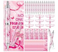 YLOLUL 125 Pcs Breast Cancer Awareness Accessories 25 Pens 25 Pink Ribbon Adjustable Bracelets 25 Cards 25 Ties and 25 Self-adhesive Bags for Women Party Favor Gift Decoration