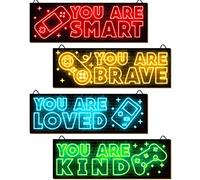 YLOLUL 4pcs Neon Game Art Prints, Wood Wall Art Decor for Boys Room, Gamer Decorations, Inspirational Quote Wall Decor, Modern Home Decor, 12 x 4 Inch, Red