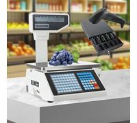 ylpddmm Label Printing Scale with Dual TD Thermal Label & Receipt Printer, Electronic Checkout Scale, Commercial Barcode Scale for Food Retail Store Supermarket machine+gun+cashbox