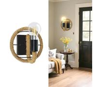 YLTLINK Rope Wall Lamp,Vintage Wall Sconce Light Lamp,21CM Round Black Frame and Brown Rope,Ideal for Living Room Bedroom Hallway Stairway,E27 Base,Edison Bulb,Easy Install