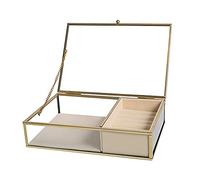 Ylu Yni Glass Jewellery Organizer for Women, Clear Keepsake Case With Gold Frame and Velvet Trinket Tray, Display Box for Earring Ring, Necklace (Cream Yellow)