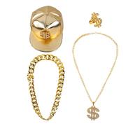 Ylucky 80s 90s Hip Hop Costume Punk Rapper Outfit Gold Chain Money Necklace Dollar Sign Baseball Cap Ring for Halloween Party