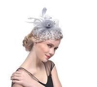 Ylucky Women Ladies Dot Mesh Feather Headband Fascinator with Yarn Beads Elegant Curlicue Feather Headwear Hat Bridal Wedding Cocktail Tea Party Derby Headwear Races Hats Hair Accessory Grey