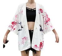 YM YOUMU Women Japanese Floral Kimono Coat Cardigan Lady Loose Yukata Casual Top (B-White, One Size)
