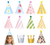 Ymapinc 11PCS Birthday Hat for Party Lovely Cake Cone Party Hats Set Includes 2 Paper Crowns Colorful Mini Birthday Hats and 9 Adorable Hat with Pompoms for Kids Adults Animals Pet