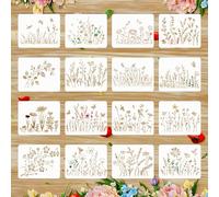 Ymapinc 16pcs Botanical Flower Stencils Reusable for Crafts Small Wildflower Floral Paint Stencil for Painting on Wood Card Making, Art Stencils for Furniture Walls