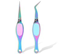 Ymapinc 2Pcs Reverse Tweezers for Crafting DIY, Soft Grip Tweezer with Curved and Straight Tips, Pointed Needle Nose for Jewelry Making Beading Angled Tweezers - Stainless Steel