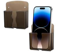 Ymapinc 2Pcs Wall Mount Phone Holder Transparent Black Wall Cell Phone Holder for Bed with Charging Hole for Most Cellphone, Self Adhesive Bedside Remote Control Stand