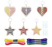 Ymapinc 6Pcs Cross Stitch with Keychain, Mini Beginner Embroidery Keyring Kits for Sewing DIY Beginners Age 5-8, Small Cross Stitch Wood Pentagram and Heart Shaped Needles Sewing