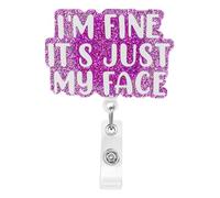 Ymapinc Funny Nurse Badge Reel Retractable I'm Fine It's Just My Face ID Badge Holder Nurse Badge Holder with Alligator Clip Badge Reel Holder Purple Glitter Medical Badge Reel
