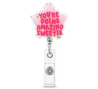 Ymapinc Funny Nurse Badge Reel, Retractable Nursing Social Worker Badge Reel Accessories, Pink Glitter ID Card Holder with Alligator Clip for Women Girl, You're Doing Amazing Sweetie, Nurse Gifts