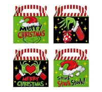 YMCAFZ 24 Pcs Merry Christmas Treat Boxes, Funny Xmas Tree 3D Cardboard Gift Wrap Boxes for Candy Cookie, 4 Designs Goodie Bags Present Giving Boxes with Handles Holiday Party Favor Supplies