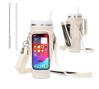 YMCSPECIALITY Water Bottle Holder with Strap for Stanley - Neoprene Sleeve - Adjustable Shoulder and Hand Sling - Phone Pocket Glass Straw and Brush - 40 oz Stanley Cup Accessories (Beige)