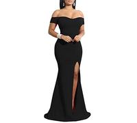 YMDUCH Women's Off Shoulder High Split Long Formal Party Dress Evening Gown, Black, M