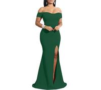 YMDUCH Women's Off Shoulder High Split Long Formal Party Dress Evening Gown, DarkGreen, M