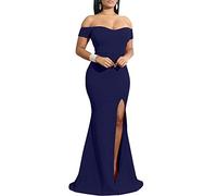 YMDUCH Women's Off Shoulder High Split Long Formal Party Dress Evening Gown, Navy, S