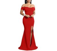 YMDUCH Women's Off Shoulder High Split Long Formal Party Dress Evening Gown, Red, M