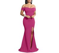 YMDUCH Women's Off Shoulder High Split Long Formal Party Dress Evening Gown, Rose, XL