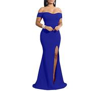 YMDUCH Women's Off Shoulder High Split Long Formal Party Dress Evening Gown, Royal Blue, L