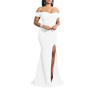 YMDUCH Women's Off Shoulder High Split Long Formal Party Dress Evening Gown, White, XXL