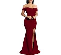 YMDUCH Women's Off Shoulder High Split Long Formal Party Dress Evening Gown, WineRed, M