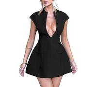 YMDUCH Women's Sexy Deep V Neck Cap Sleeve A-line Mini Club Party Dress, Black, M