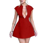 YMDUCH Women's Sexy Deep V Neck Cap Sleeve A-line Mini Club Party Dress, Red, L