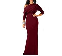 YMDUCH Women's Sexy Elegant Long Sleeve Off Shoulder Bodycon Long Evening Formal Dress, WineRed, Large