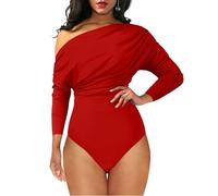 YMDUCH Women's Sexy Long Sleeve Off Shoulder Backless One Piece Bodysuit Top, Red, Medium