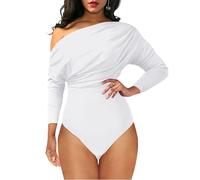 YMDUCH Women's Sexy Long Sleeve Off Shoulder Backless One Piece Bodysuit Top, White, Medium