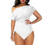 YMDUCH Women's Sexy Off Shoulder Sleeveless Bodycon One Piece Bodysuit Top, White, Large