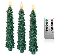Yme 3pcs Christmas Trees Battery Candles, LED Taper Candles with Remote Control Timer Real Wax Warm White Light for Green Christmas Dinner Table Decorations Home Decor Gifts
