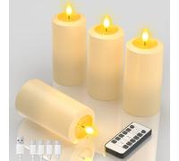 Yme Rechargeable Blow Out Candles with Remote Control, 4pcs LED Battery Operated Flameless Pillar Candles Flickering with Timer and Blow Out Hole for Christmas Halloween Room Table Lantern Decor