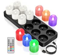 Yme Rechargeable Coloured Tea Lights with Station, 12pcs Battery LED Flickering Flameless Tealight Candles with Remote Timer for Room Halloween Pumpkin Christmas Decor - RGB