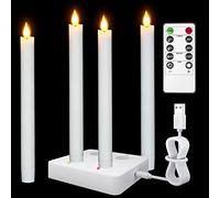 Yme Rechargeable LED Taper Candles with Charging Station, 4pcs Flameless Fake Tapered Candles Battery Operated Flickering with Remote Timer Wax Coated for Christmas Halloween Decorations