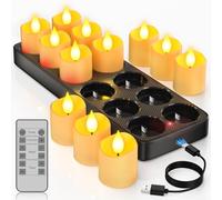 Yme Rechargeable Tea Lights Candles with Charing Station, 12 Pack Battery Operated LED Flameless Tealight Candles Flickering with Remote Control for Halloween Christmas Party Home Room Decor