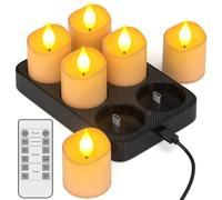Yme Rechargeable Tea Lights Candles with Charing Station, 6 Pack Battery Operated LED Flameless Votive Candles with Remote Timer for Halloween Christmas Party Home Room Decor