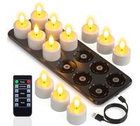 Yme Rechargeable Tea Lights with Timer Function and Charging Station, 12 Waterproof LED Tea Lights Rechargeable Candles Flickering with Remote Control Timer for Home Halloween Pumpkin Christmas Party