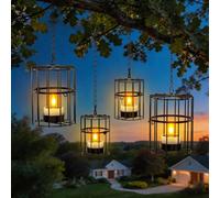 Yme Solar Hanging Lanterns for Outside, 4 Pack Outdoor Garden Lanterns Rustic Iron Cage with LED Flickering Waterproof Solar Tea Lights Candles for Outdoor Porch Patio Backyard Tree Decor (2 L+2 S)