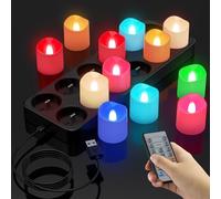 Ymenow Rechargeable Flameless Flickering Tea Lights Candles with Remote & Timer, 12 PCS RGB Color Changing LED Electric Fake Candles, USB Cable, Charging Base, Bottom Switch, Christmas Halloween Decor