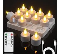 Ymenow Rechargeable Tea Lights 12pcs Battery Flameless LED Tea Light Candles Flickering with Timer Remote Control Electric Tealights with Charging Base for Home Table Wedding Christmas Halloween Decor
