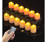 Ymenow Rechargeable Tea Lights with USB C Charging Station, Set of 12 φ3.8cm Electric Rechargeable Battery LED Tea Lights Candles Flickering with Remote Control Timer for Home Room Halloween Decor
