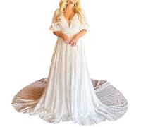YMFFW A Line Wedding Dresses Boho for Bride Vintage Detachable Sleeves Lace Wedding Gowns Bohemian Bridal Dresses 2025, White, 18