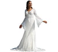 YMFFW Long Sleeves Boho Lace Wedding Dresses for Bride 2025 Sweetheart Mermaid Bridal Gowns Women's Beach Wedding Gowns, Ivory, 14
