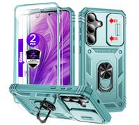 YmhxcY for Galaxy S25 FE Case with Camera Cover Slider, 2*Tempered Glass Screen Protectors,Build in 360°Rotating Ring Kickstand, Military Grade Protective Case for Samsung Galaxy S25 FE-Green