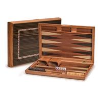 YMI Dorne Wooden Inlaid Backgammon Set, 33cm | Wooden inlaid backgammon set, folds with magnets, 33 x 21 x 5 cm case, checkers, dice, doubling cube, dice cups.