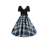 YMING Casual Vintage Dress for Women Party Plaid Audrey Hepburn Dress Blue White Plaid L