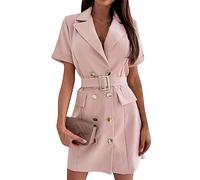 YMING Double Breasted Blazer Dress for Women Slim Lapel Wrap Suit Dress with Belt Pink S